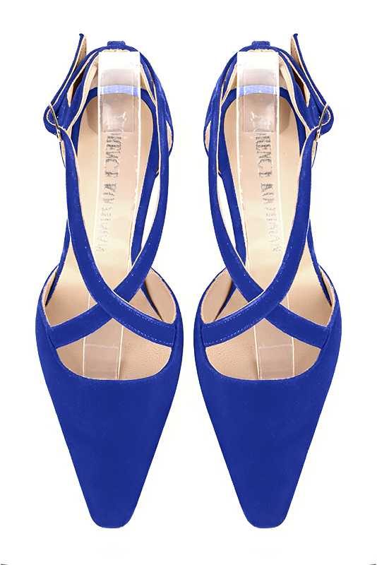 Electric blue women's open side shoes, with crossed straps. Tapered toe. Low kitten heels. Top view - Florence KOOIJMAN